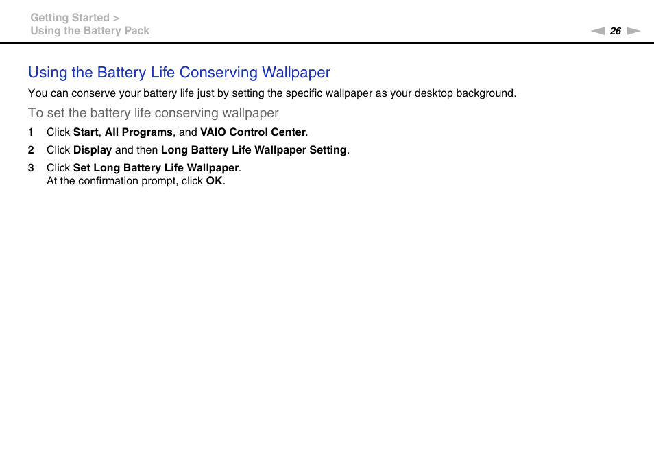 Using the battery life conserving wallpaper | Sony VGN-FW User Manual | Page 26 / 165