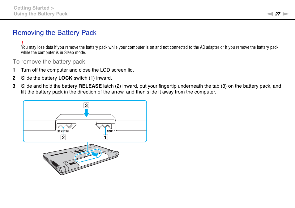 Removing the battery pack | Sony VGN-FW User Manual | Page 27 / 165