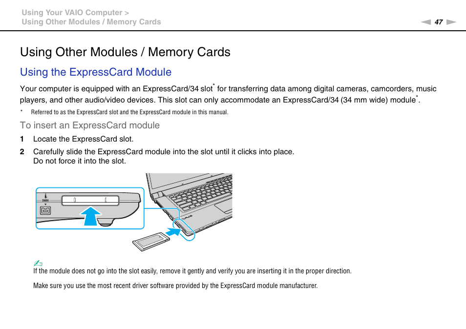 Using other modules / memory cards, Using the expresscard module | Sony VGN-FW User Manual | Page 47 / 165