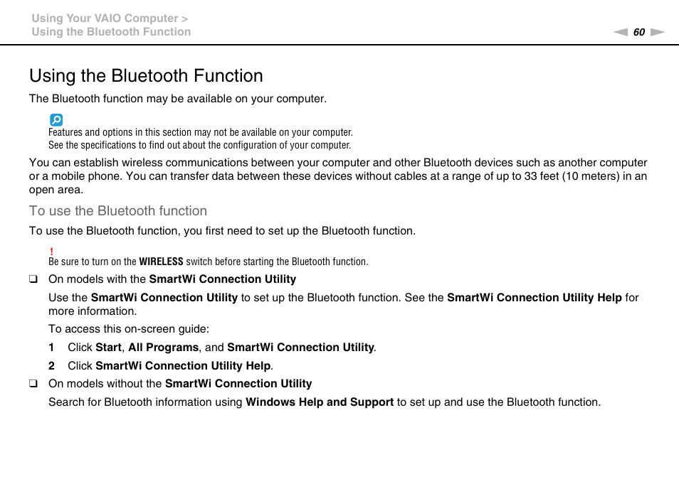 Using the bluetooth function, Tion | Sony VGN-FW User Manual | Page 60 / 165