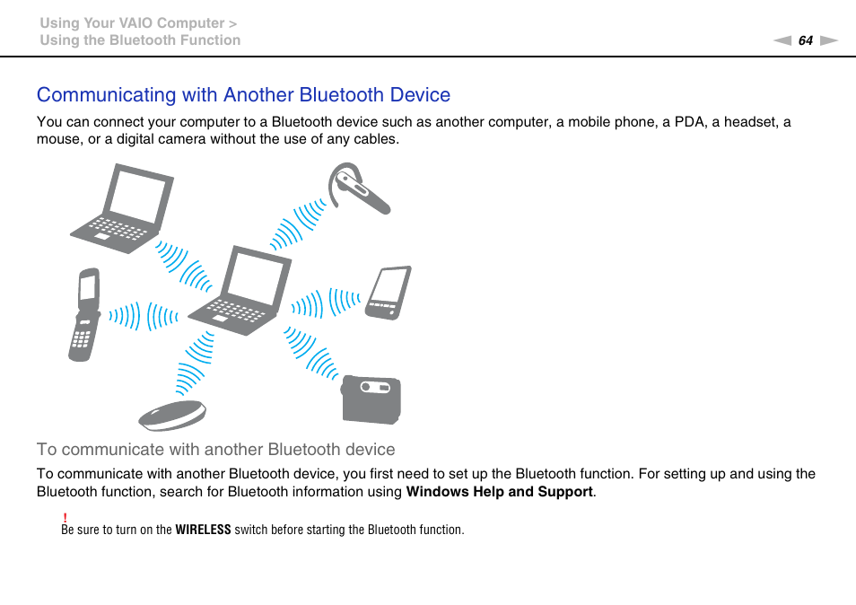 Communicating with another bluetooth device | Sony VGN-FW User Manual | Page 64 / 165