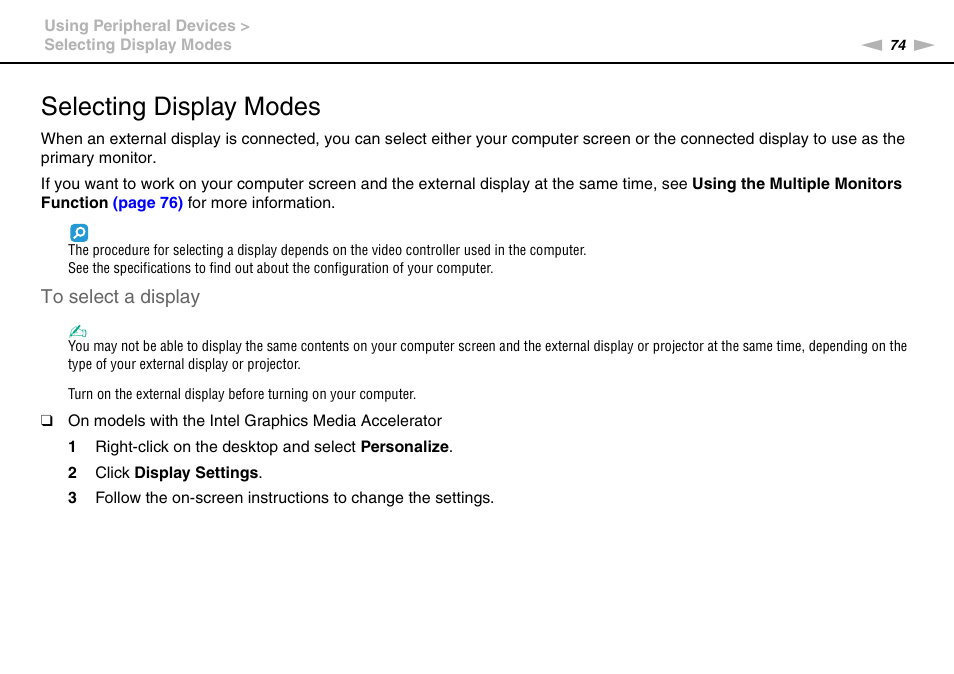 Selecting display modes | Sony VGN-FW User Manual | Page 74 / 165