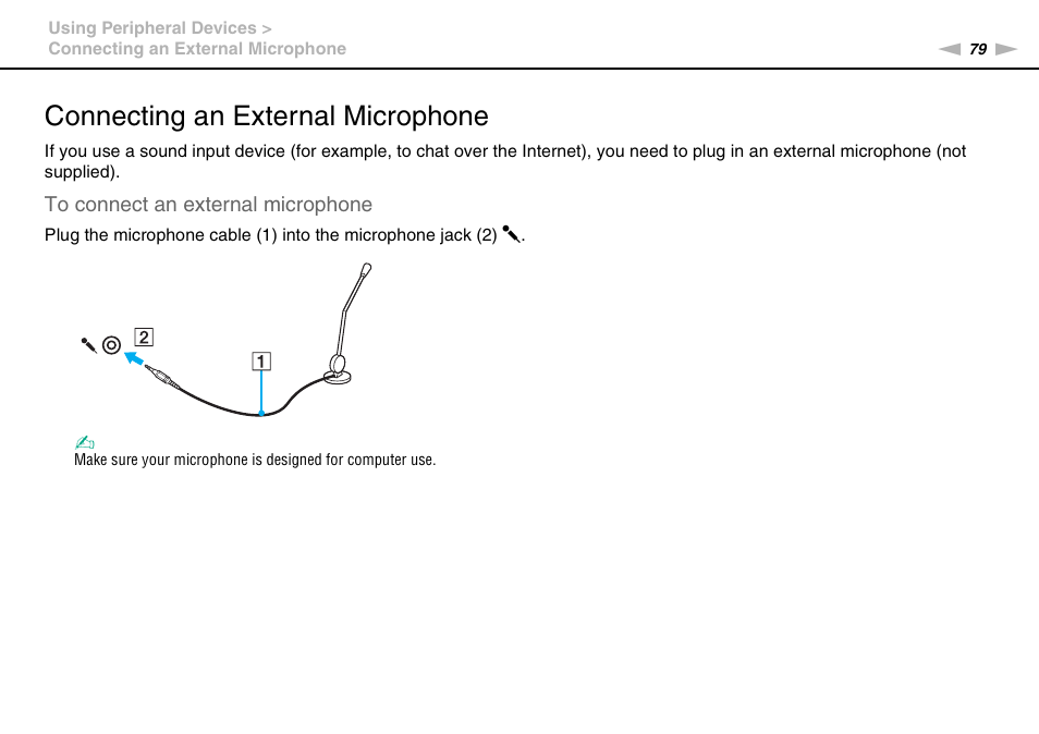 Connecting an external microphone | Sony VGN-FW User Manual | Page 79 / 165