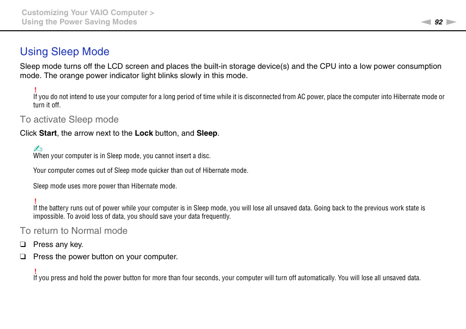 Using sleep mode | Sony VGN-FW User Manual | Page 92 / 165