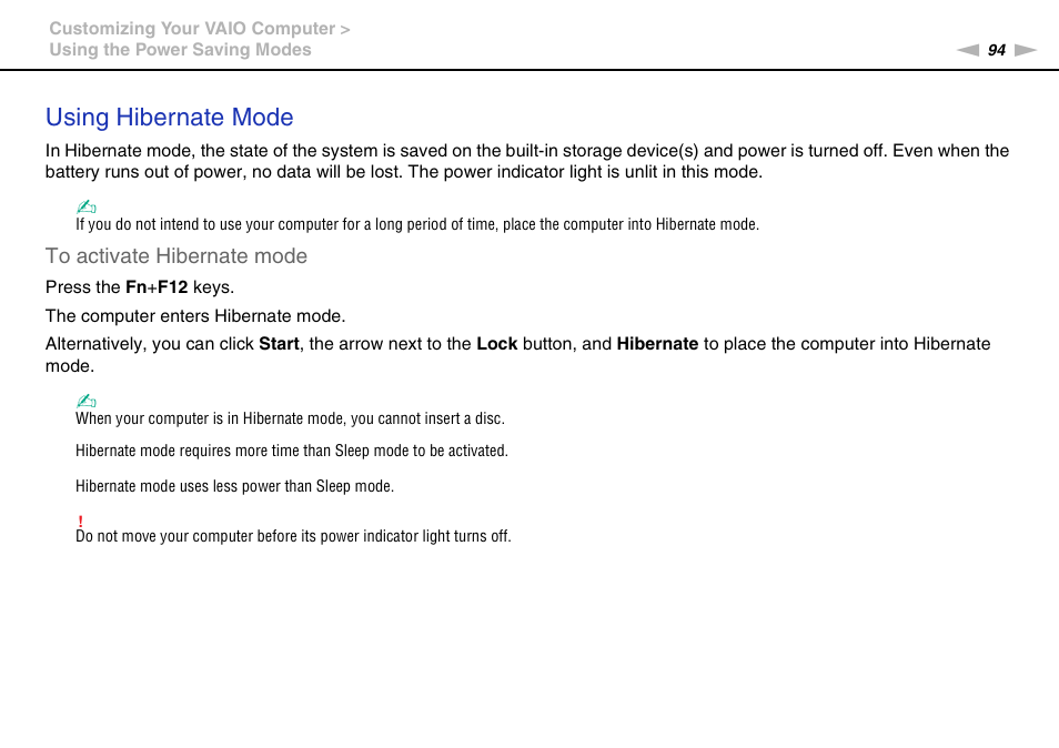 Using hibernate mode | Sony VGN-FW User Manual | Page 94 / 165