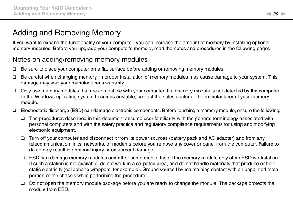 Adding and removing memory | Sony VGN-FW User Manual | Page 99 / 165