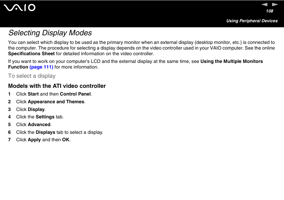 Selecting display modes | Sony VGN-FS600 Series User Manual | Page 108 / 216