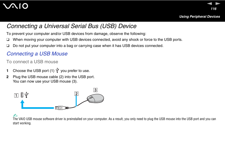 Connecting a universal serial bus (usb) device, Connecting a usb mouse | Sony VGN-FS600 Series User Manual | Page 116 / 216