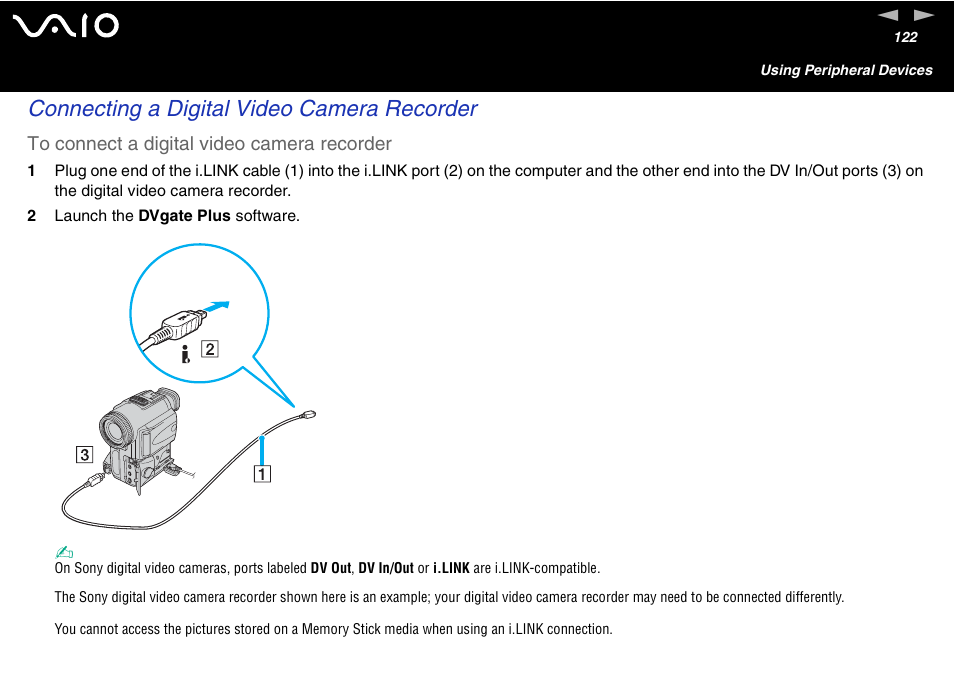 Connecting a digital video camera recorder | Sony VGN-FS600 Series User Manual | Page 122 / 216