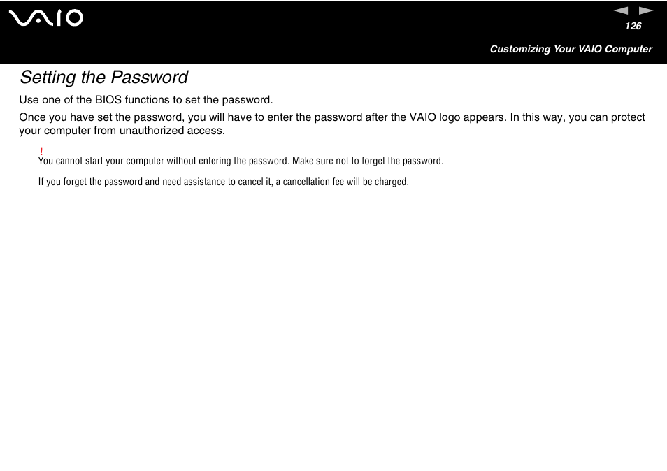 Setting the password | Sony VGN-FS600 Series User Manual | Page 126 / 216