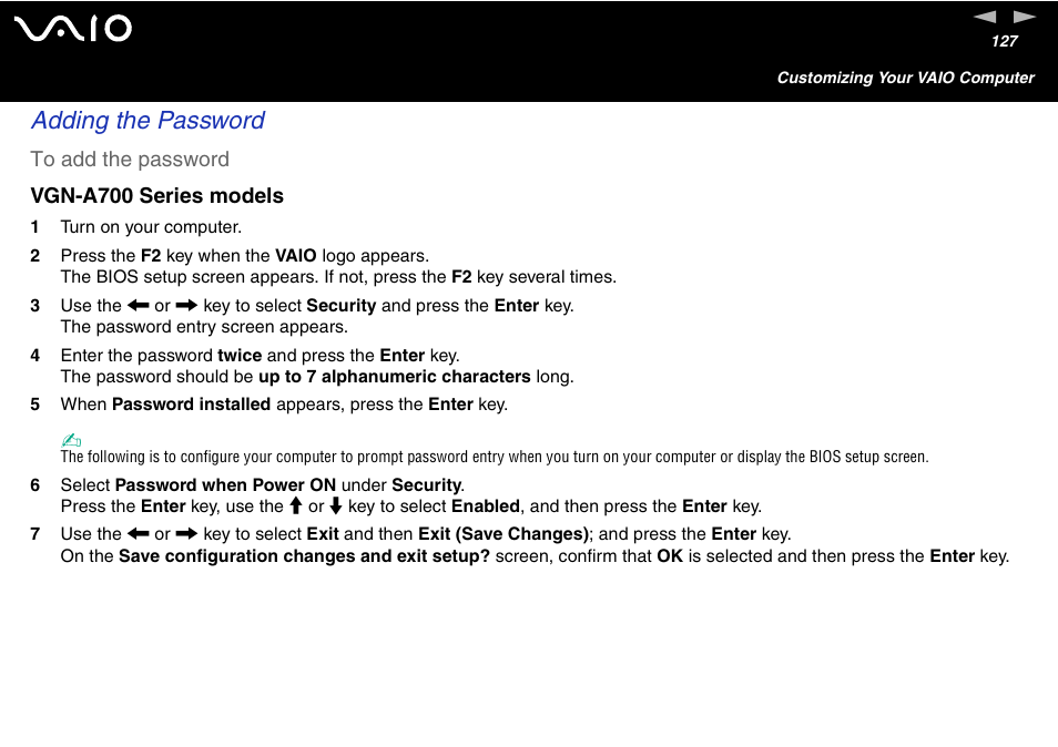 Adding the password | Sony VGN-FS600 Series User Manual | Page 127 / 216