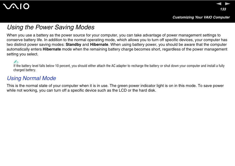 Using the power saving modes, Using normal mode | Sony VGN-FS600 Series User Manual | Page 133 / 216