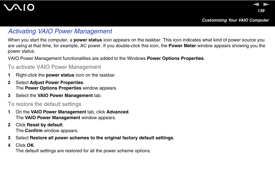 Activating vaio power management | Sony VGN-FS600 Series User Manual | Page 139 / 216