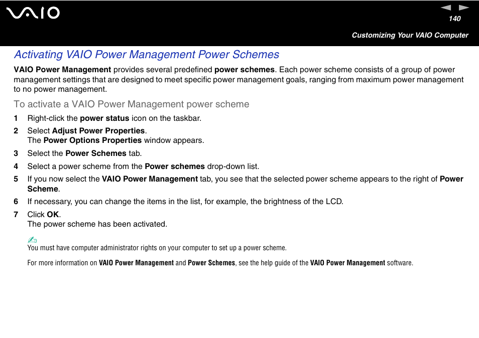 Activating vaio power management power schemes | Sony VGN-FS600 Series User Manual | Page 140 / 216