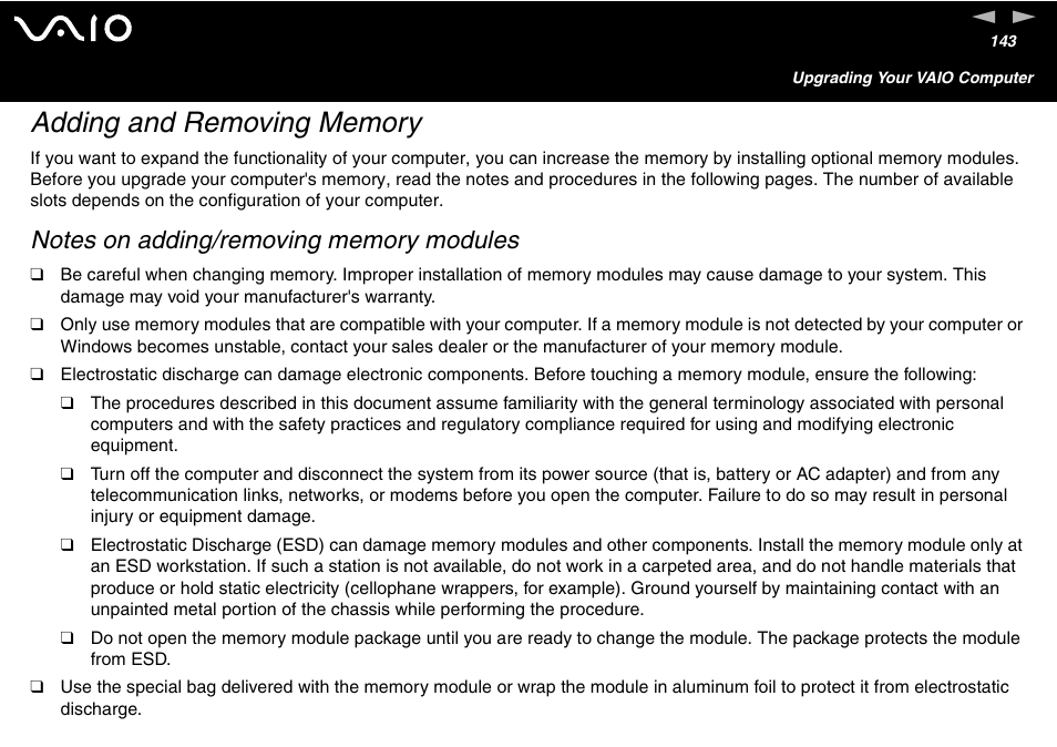 Adding and removing memory | Sony VGN-FS600 Series User Manual | Page 143 / 216