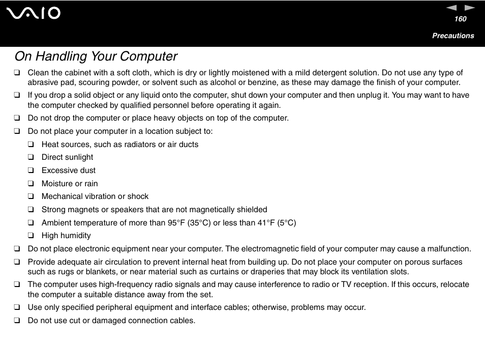 On handling your computer | Sony VGN-FS600 Series User Manual | Page 160 / 216