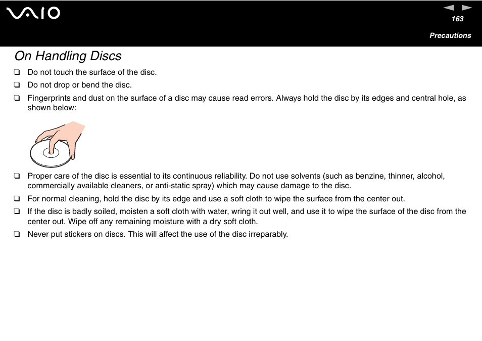 On handling discs | Sony VGN-FS600 Series User Manual | Page 163 / 216