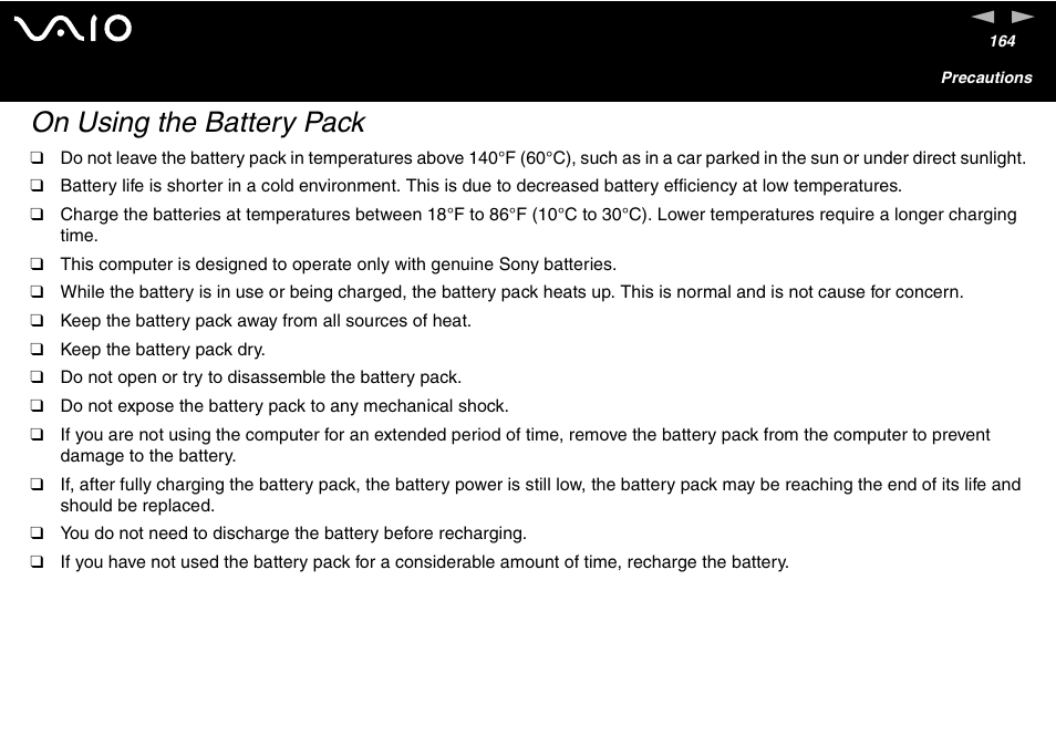 On using the battery pack | Sony VGN-FS600 Series User Manual | Page 164 / 216