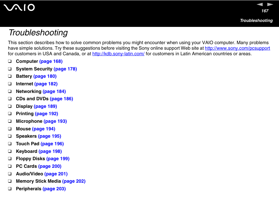 Troubleshooting | Sony VGN-FS600 Series User Manual | Page 167 / 216