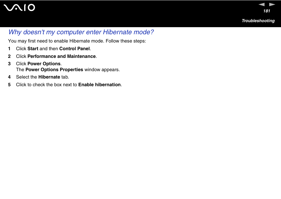 Why doesn't my computer enter hibernate mode | Sony VGN-FS600 Series User Manual | Page 181 / 216