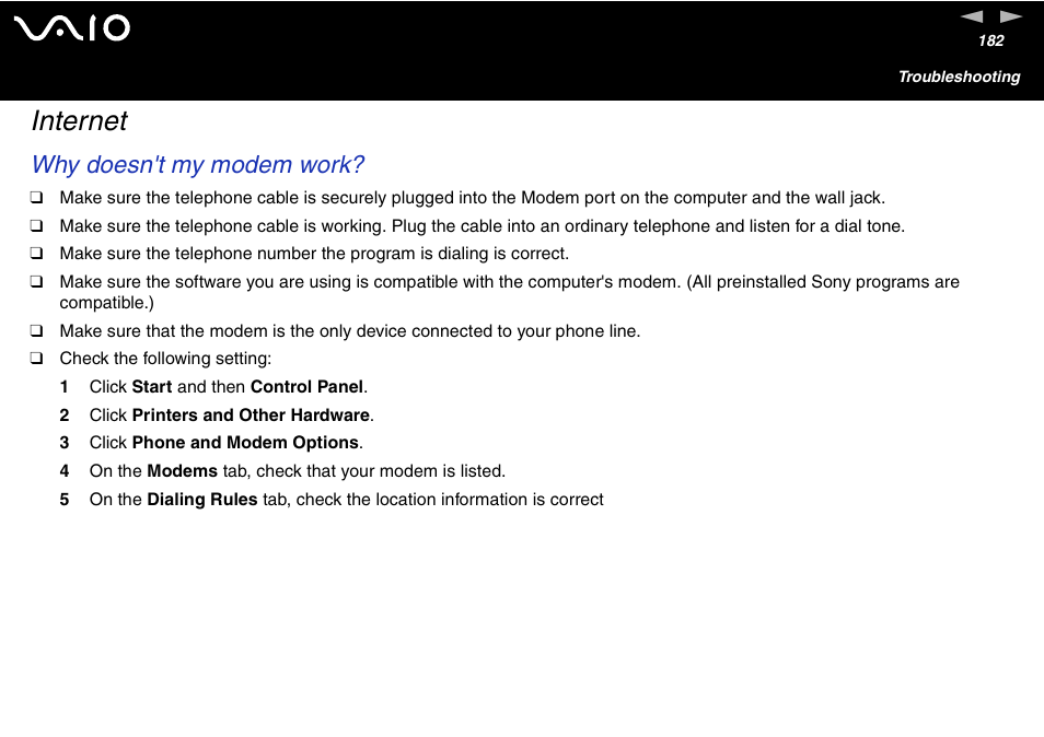 Internet, Why doesn't my modem work | Sony VGN-FS600 Series User Manual | Page 182 / 216