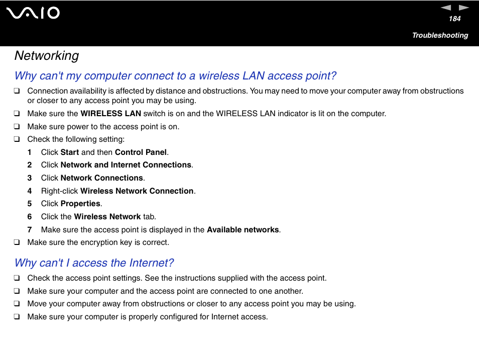 Networking, Why can't i access the internet | Sony VGN-FS600 Series User Manual | Page 184 / 216