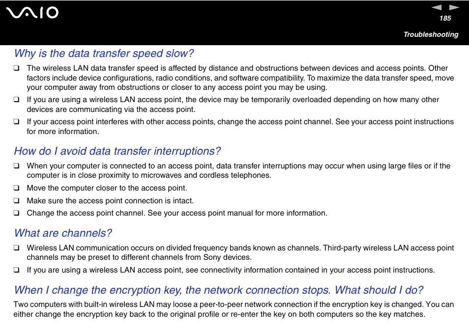 Why is the data transfer speed slow, How do i avoid data transfer interruptions, What are channels | Sony VGN-FS600 Series User Manual | Page 185 / 216