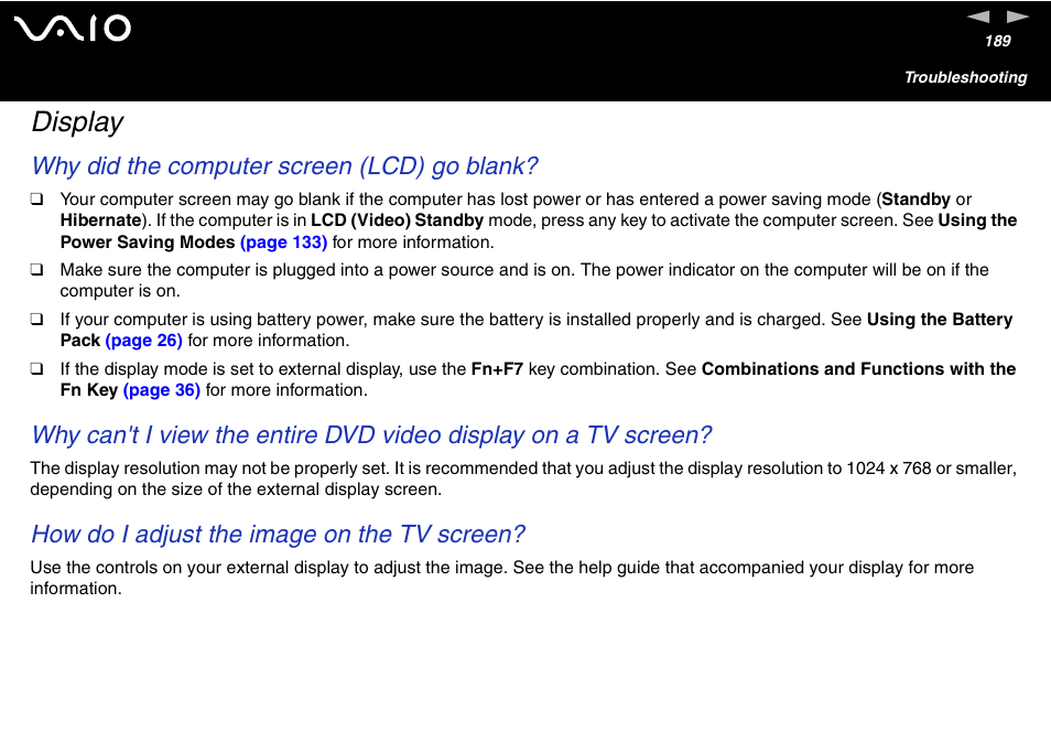 Display, Why did the computer screen (lcd) go blank, How do i adjust the image on the tv screen | Sony VGN-FS600 Series User Manual | Page 189 / 216