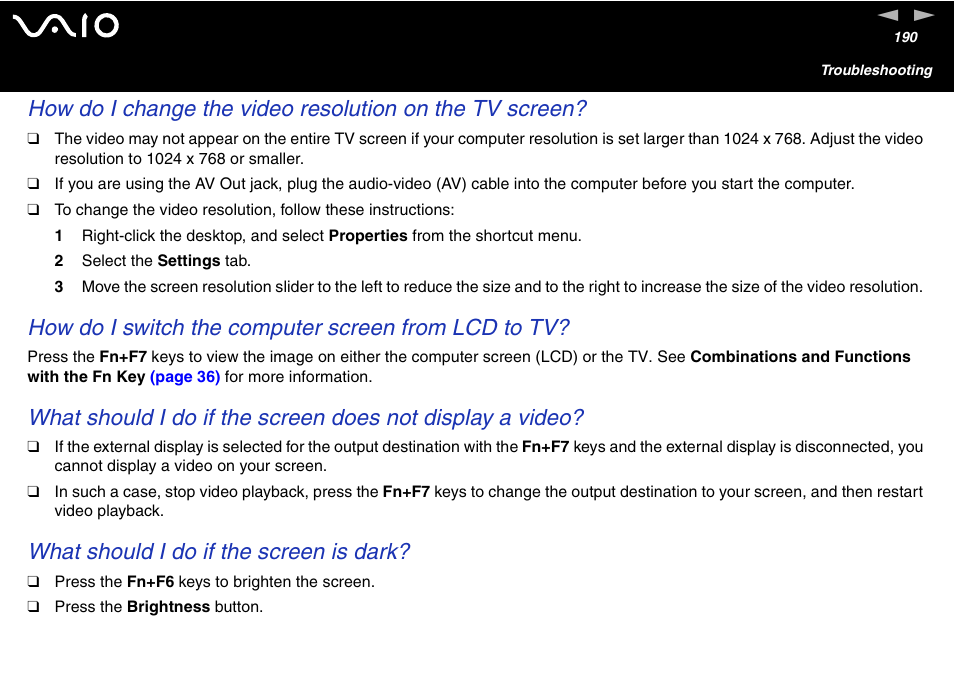 How do i switch the computer screen from lcd to tv, What should i do if the screen is dark | Sony VGN-FS600 Series User Manual | Page 190 / 216