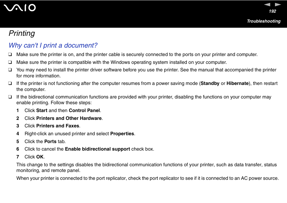 Printing, Why can't i print a document | Sony VGN-FS600 Series User Manual | Page 192 / 216