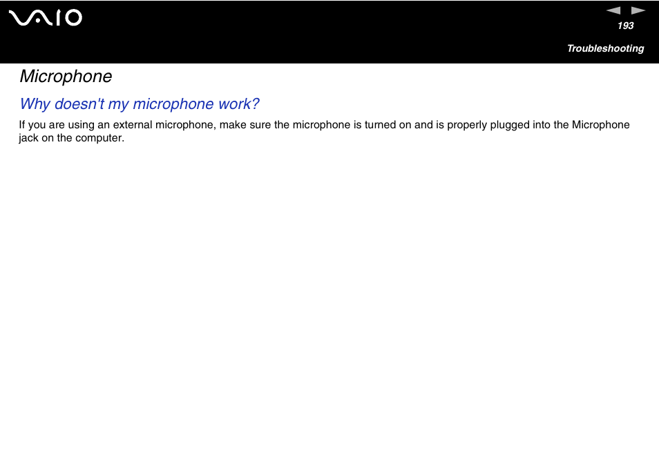 Microphone, Why doesn't my microphone work | Sony VGN-FS600 Series User Manual | Page 193 / 216