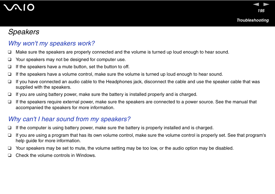 Speakers, Why won't my speakers work, Why can't i hear sound from my speakers | Sony VGN-FS600 Series User Manual | Page 195 / 216