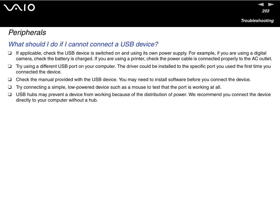 Peripherals, What should i do if i cannot connect a usb device | Sony VGN-FS600 Series User Manual | Page 203 / 216