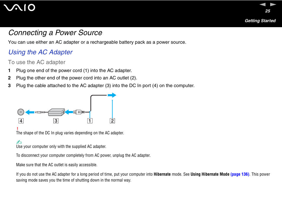 Connecting a power source, Using the ac adapter | Sony VGN-FS600 Series User Manual | Page 25 / 216