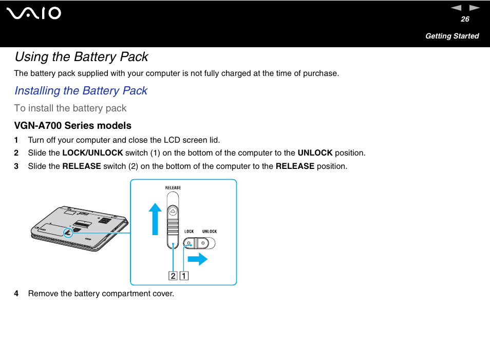 Using the battery pack, Installing the battery pack | Sony VGN-FS600 Series User Manual | Page 26 / 216