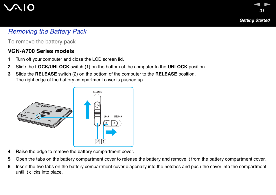 Removing the battery pack | Sony VGN-FS600 Series User Manual | Page 31 / 216