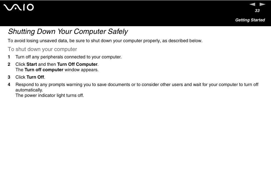 Shutting down your computer safely | Sony VGN-FS600 Series User Manual | Page 33 / 216