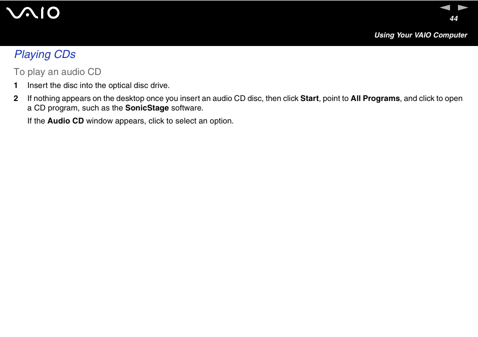 Playing cds | Sony VGN-FS600 Series User Manual | Page 44 / 216