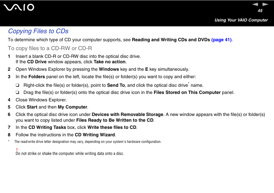 Copying files to cds | Sony VGN-FS600 Series User Manual | Page 45 / 216