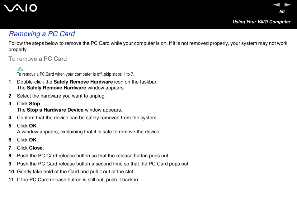 Removing a pc card | Sony VGN-FS600 Series User Manual | Page 50 / 216