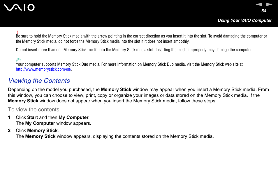 Viewing the contents | Sony VGN-FS600 Series User Manual | Page 54 / 216