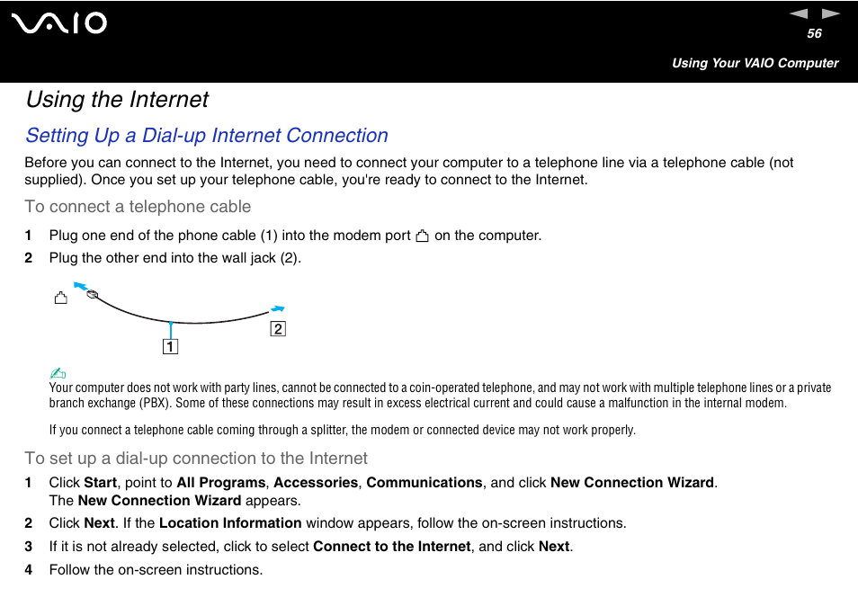 Using the internet, Setting up a dial-up internet connection | Sony VGN-FS600 Series User Manual | Page 56 / 216