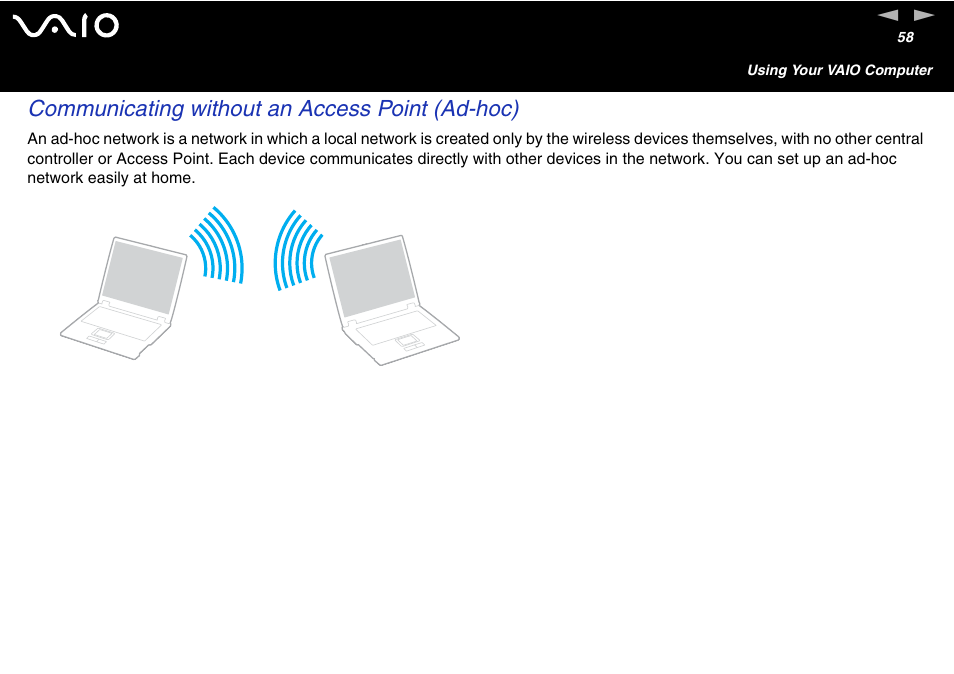 Communicating without an access point (ad-hoc) | Sony VGN-FS600 Series User Manual | Page 58 / 216