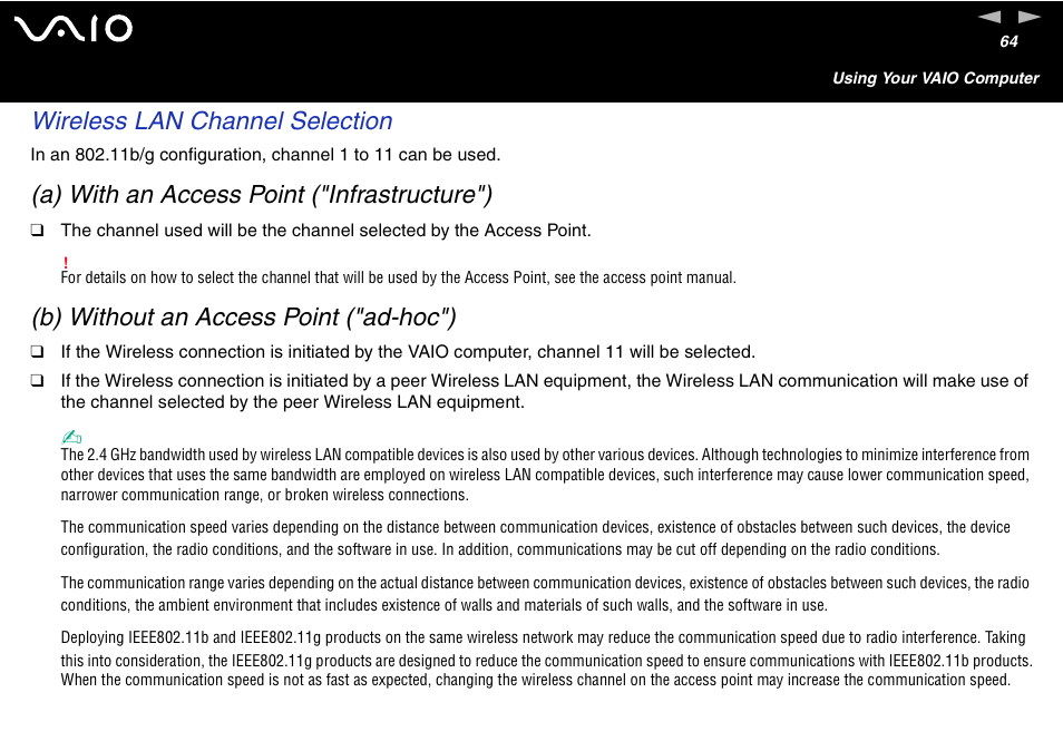 Wireless lan channel selection, A) with an access point ("infrastructure"), B) without an access point ("ad-hoc") | Sony VGN-FS600 Series User Manual | Page 64 / 216