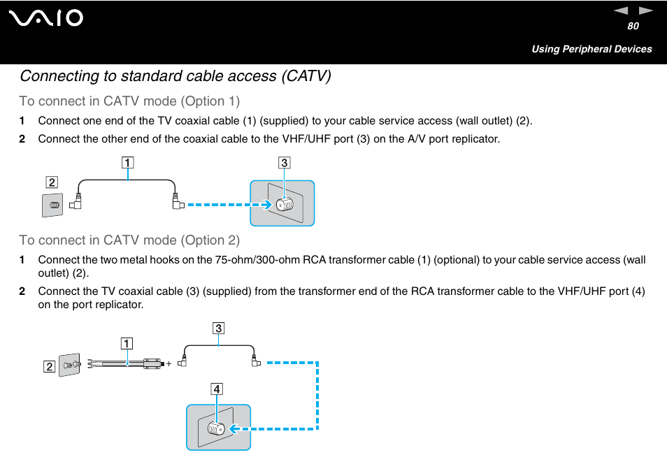 Connecting to standard cable access (catv) | Sony VGN-FS600 Series User Manual | Page 80 / 216