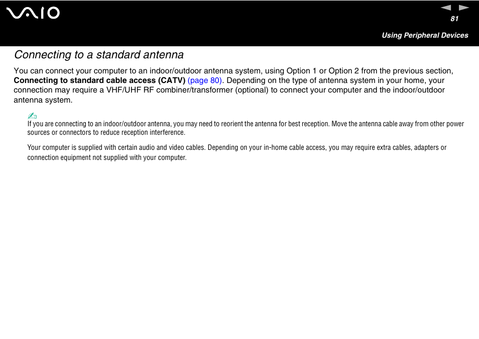 Connecting to a standard antenna | Sony VGN-FS600 Series User Manual | Page 81 / 216