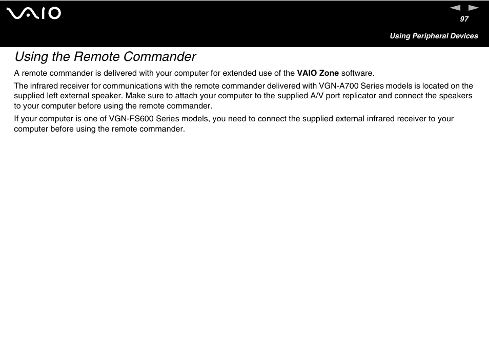 Using the remote commander | Sony VGN-FS600 Series User Manual | Page 97 / 216