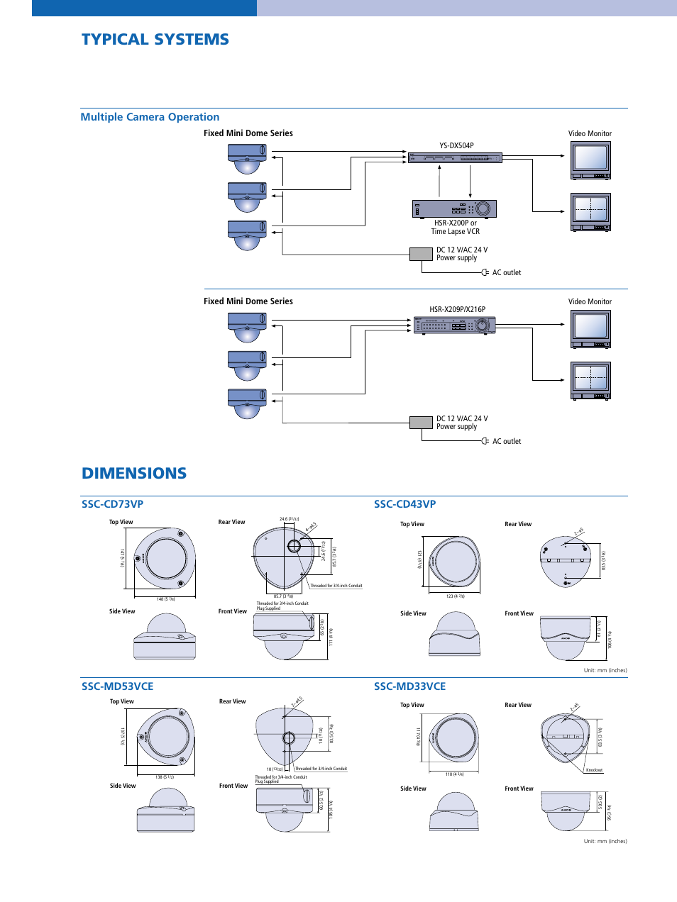 Typical systems dimensions, Ssc-cd73vp ssc-cd43vp, Ssc-md53vce ssc-md33vce multiple camera operation | Fixed mini dome series | Sony SSC-MD53VCE User Manual | Page 5 / 6