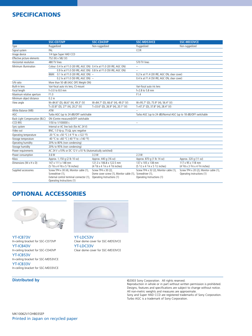 Specifications optional accessories, Printed in japan on recycled paper distributed by, Yt-icb73v | Yt-icb43v, Yt-icb53v, Yt-icb33v, Yt-ldc53v, Yt-ldc33v | Sony SSC-MD53VCE User Manual | Page 6 / 6