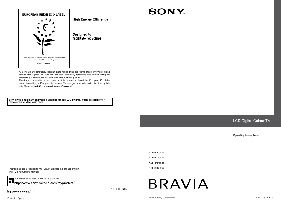 Sony BRAVIA 4-141-451-E1(2) User Manual | 34 pages